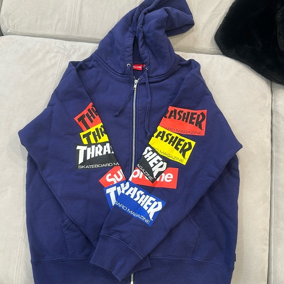 Supreme x Thrasher Multi Logo Zip Up Hooded Sweatshirt Size S Washed Navy FW21